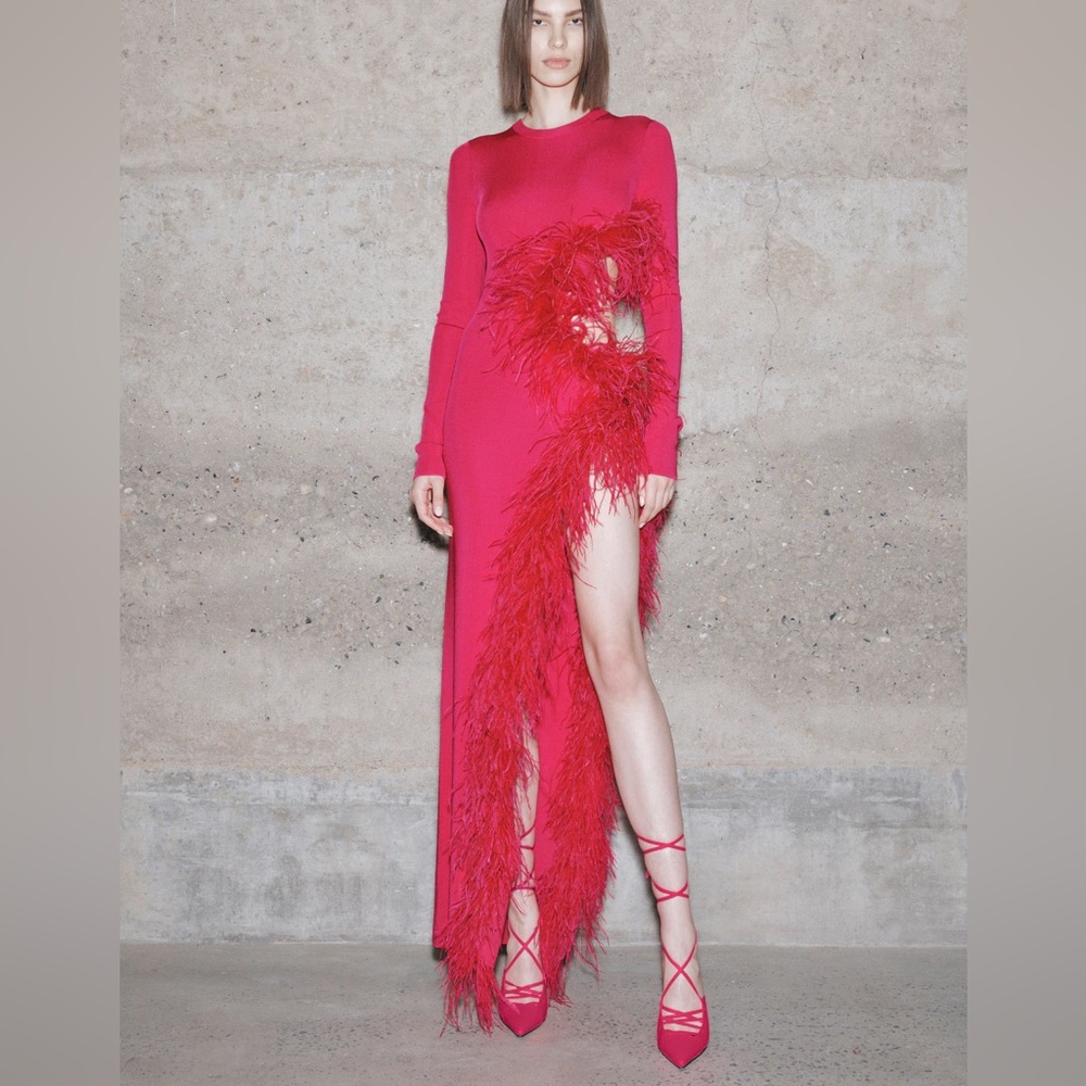 LAPOINTE
Feather-Trim Cutout Long-Sleeve High Shine Viscose Maxi Dress - Picture 6 of 14